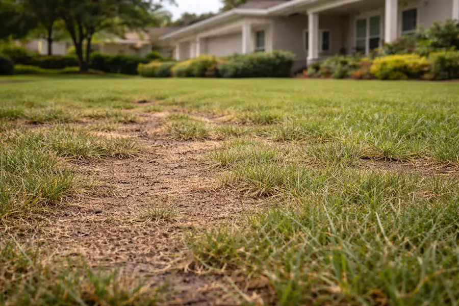 Patchy thin grass in a Davenport Florida lawn showing stress and soil exposure