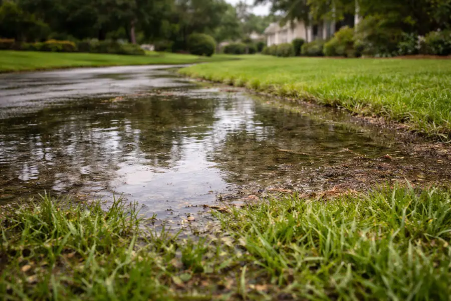 Soggy Central Florida lawn with standing water after heavy rainfall