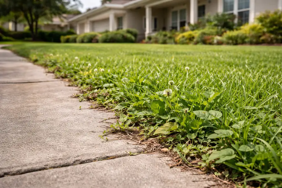 Weeds growing along lawn edges in a Central Florida residential yard