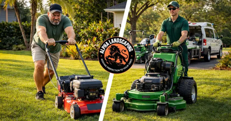 image of a Side-by-side comparison of a frustrated homeowner struggling to push a basic lawn mower versus a professional landscaper using commercial equipment on a Florida lawn.