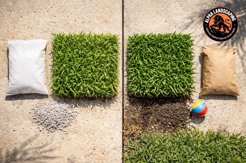 Side-by-side comparison of synthetic and organic fertilizer granules next to St. Augustine grass patches on a Florida patio
