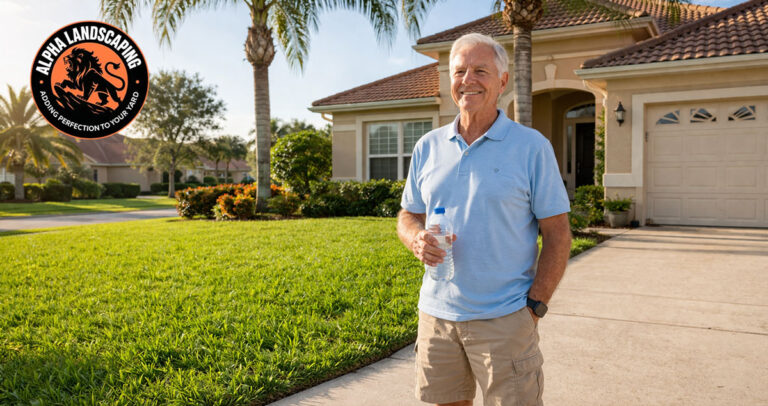 senior homeowner standing safely outside his Central Florida home after reviewing lawn care safety tips