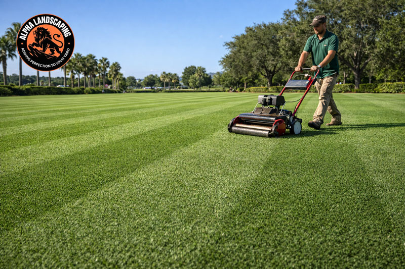Fine textured Bermuda grass lawn mowed low with clean stripes in Central Florida
