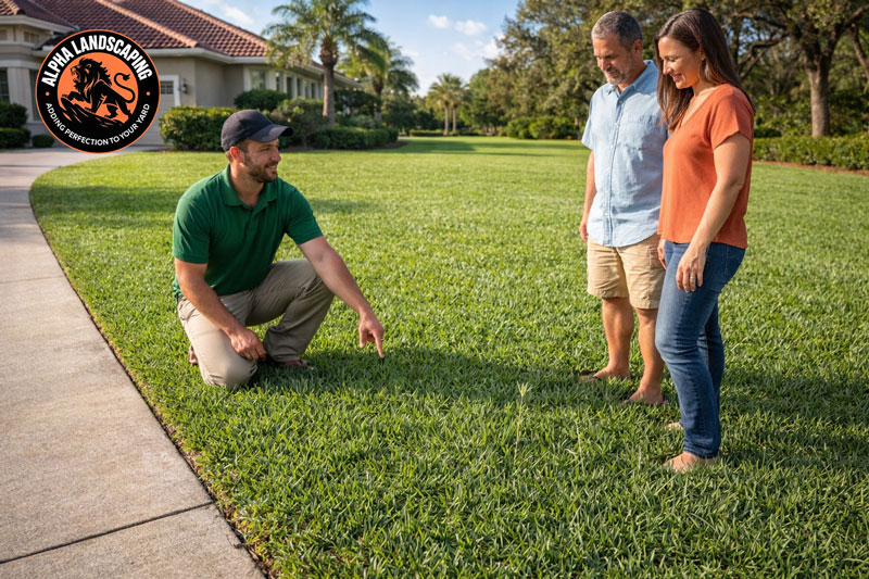 Lawn care professional recommending St. Augustine grass to homeowners in Davenport Florida