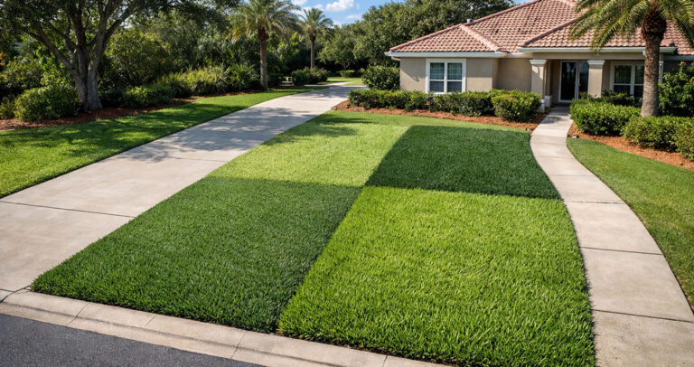 Four grass types growing side by side on a Central Florida lawn comparing best grass types for Florida lawns