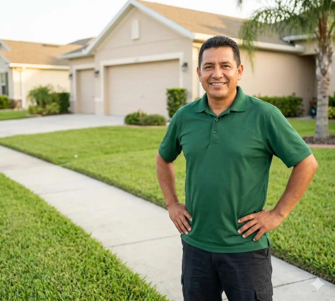 Home owner standing in front of a neatly edged lawn at a Groveland FL home