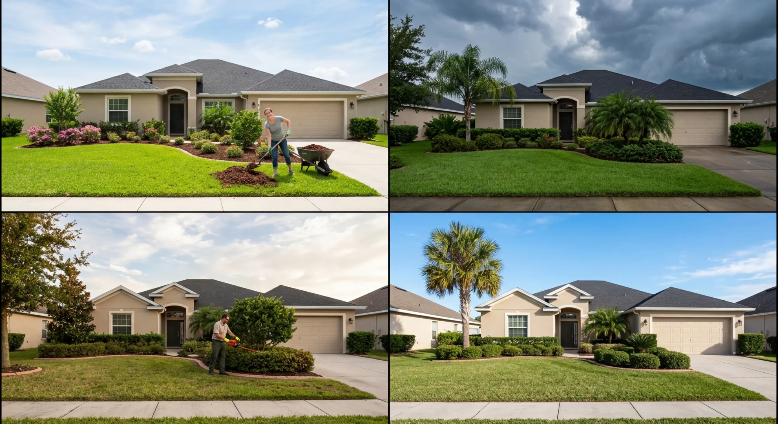 Four-panel view of a Central Florida lawn through spring, summer, fall, and winter maintenance seasons