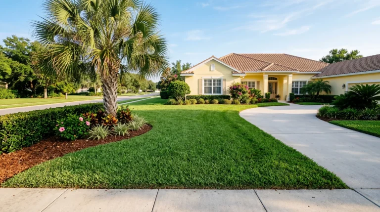 Lush St. Augustine lawn in front of a Central Florida home, part of a complete lawn maintenance guide for 2026