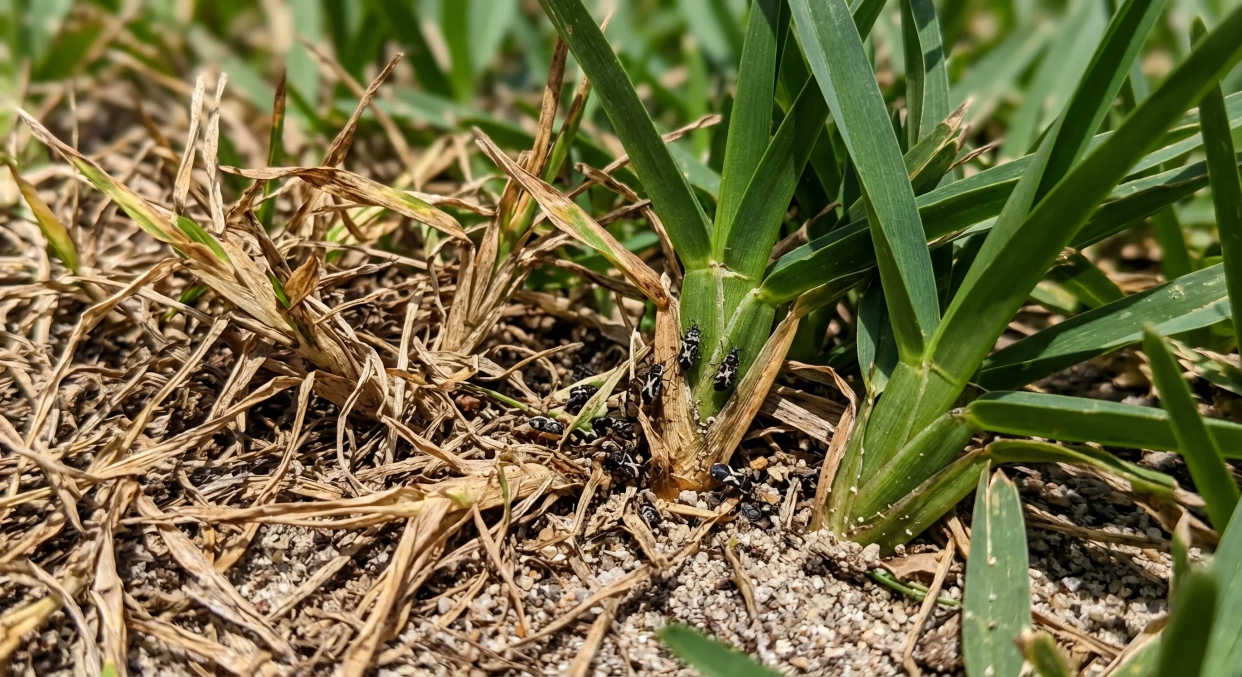 Close-up of chinch bug damage on St. Augustine grass showing brown patch spreading in a Central Florida lawn