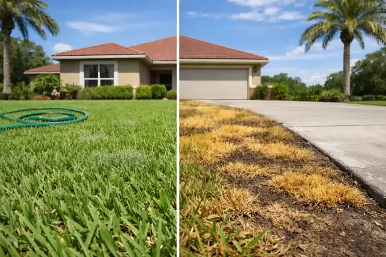 Side by side comparison of chinch bug damage vs drought stress on Florida St. Augustine grass