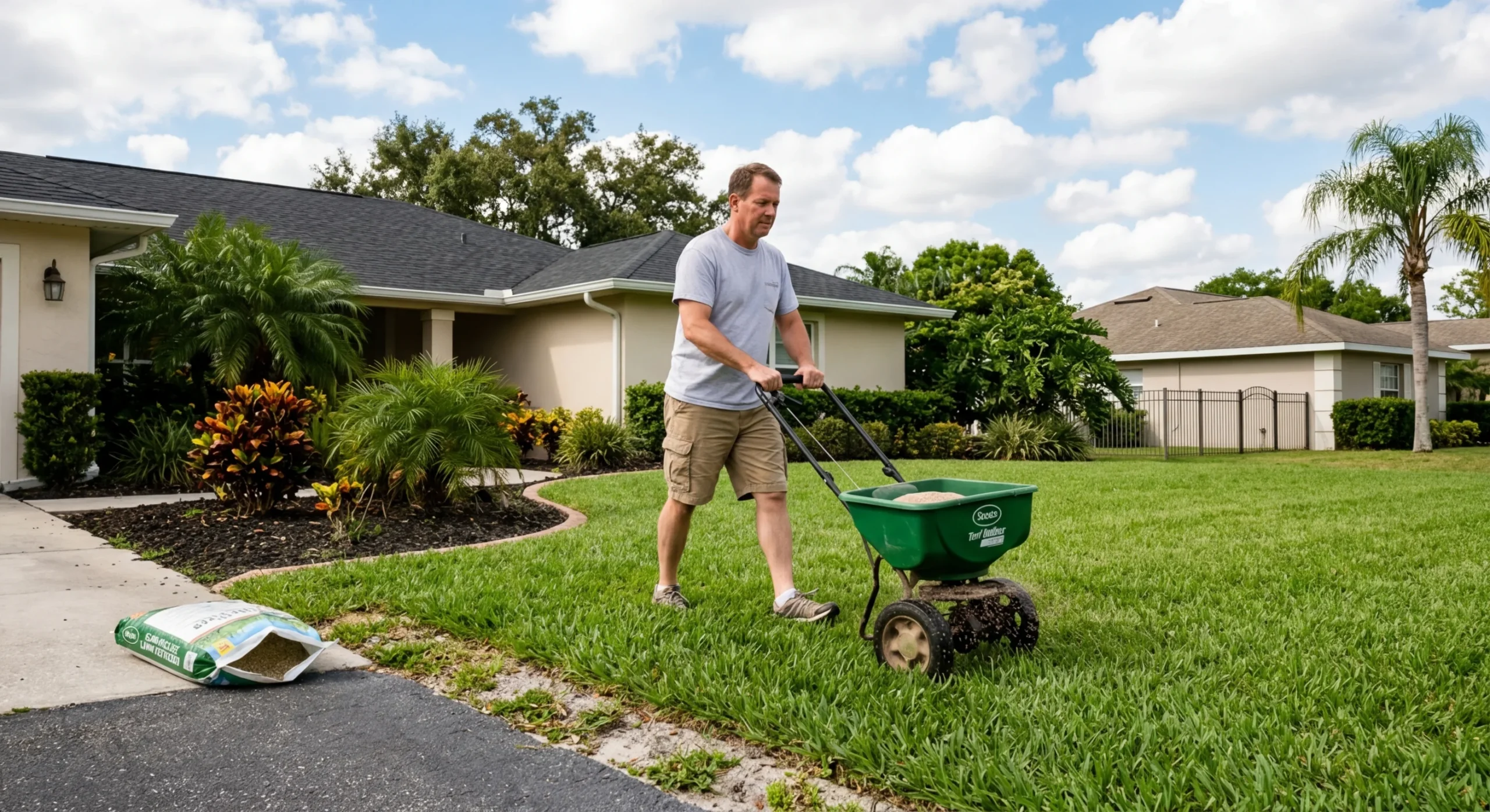 Homeowner using a broadcast spreader to fertilize St. Augustine grass in a Central Florida front yard