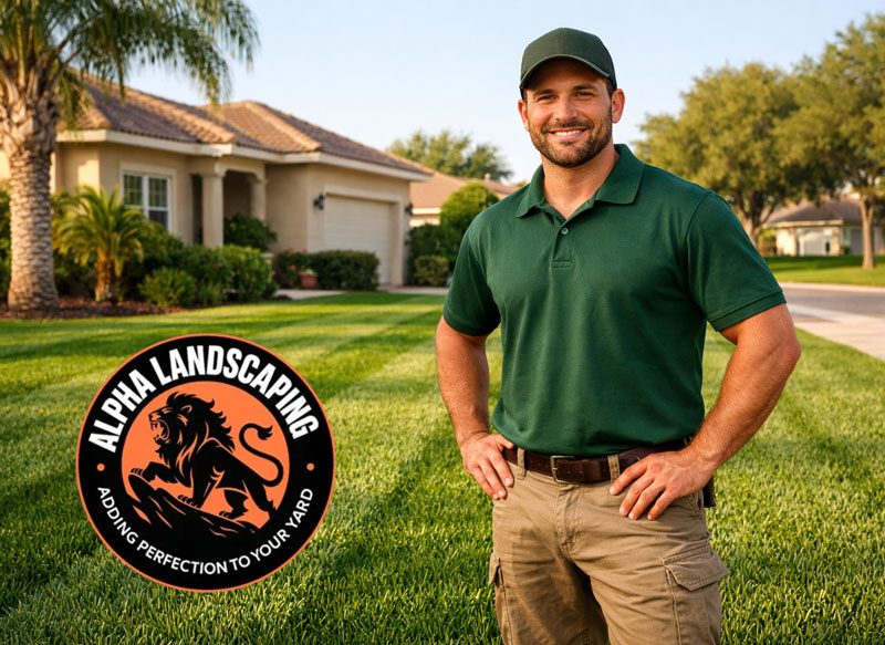 Friendly Alpha Landscaping LLC professional standing on a freshly mowed St. Augustine lawn in Four Corners Florida
