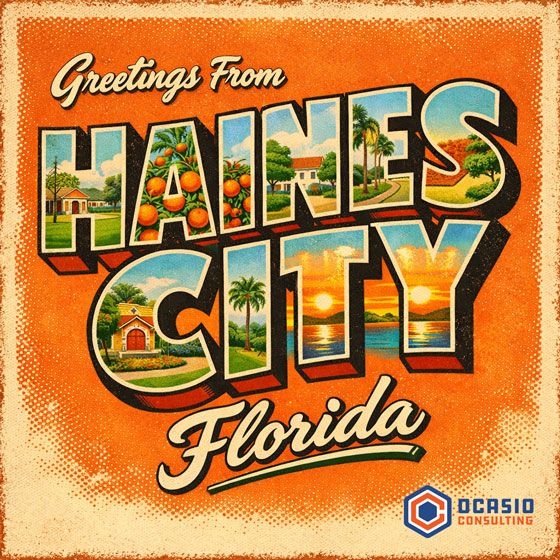 Vintage retro postcard style graphic that reads Greetings From Haines City Florida with lawn and citrus vignettes