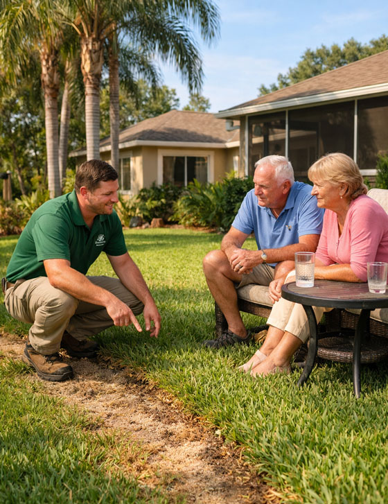 Alpha Landscaping lawn tech discussing lawn care options with elderly homeowners in a Haines City Florida backyard