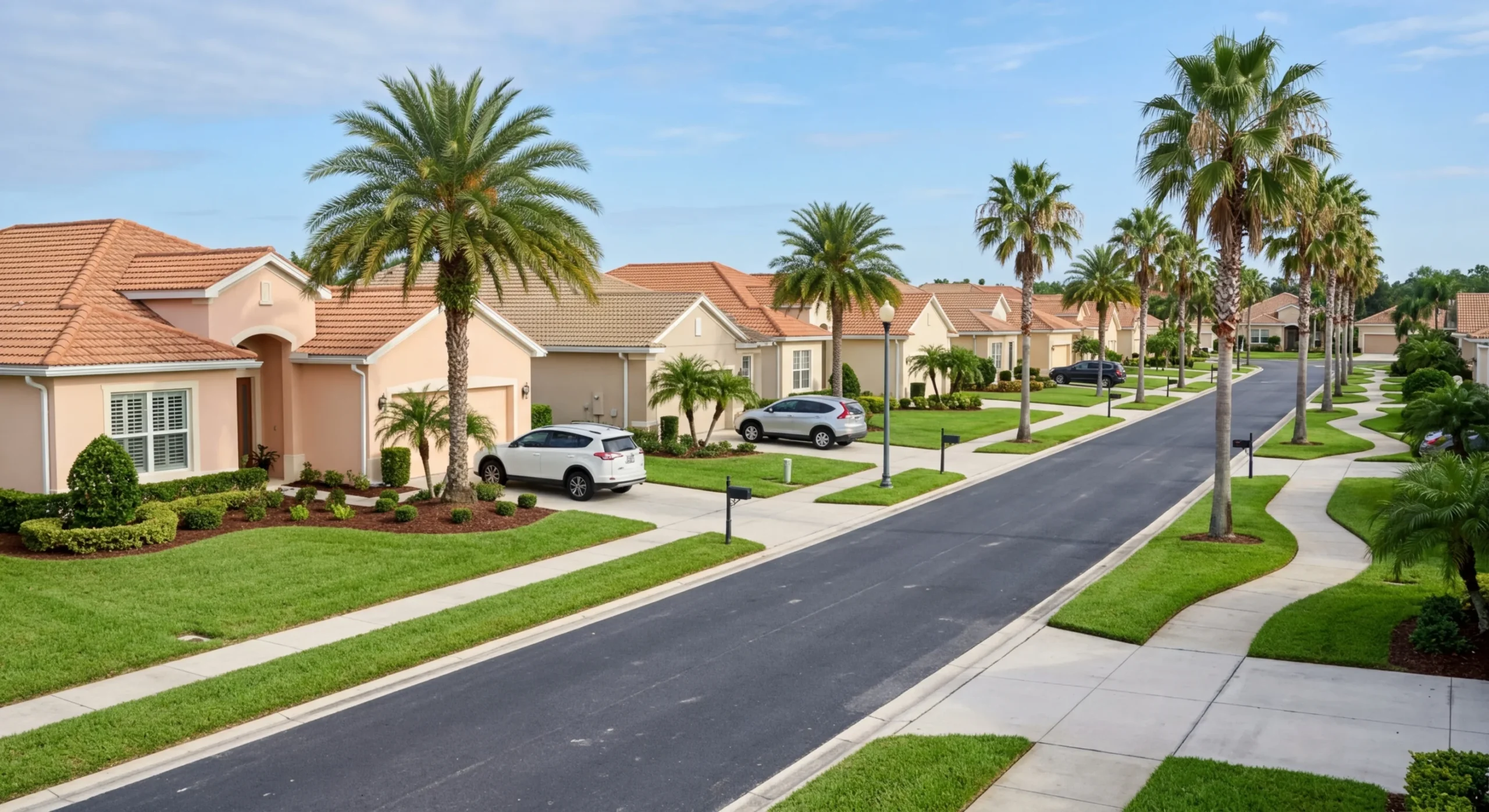 Pristine HOA neighborhood street in Central Florida with uniformly maintained St. Augustine lawns and hedges