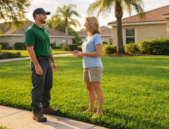 Alpha Landscaping LLC lawn care professional talking with Kissimmee homeowner after completing residential lawn maintenance