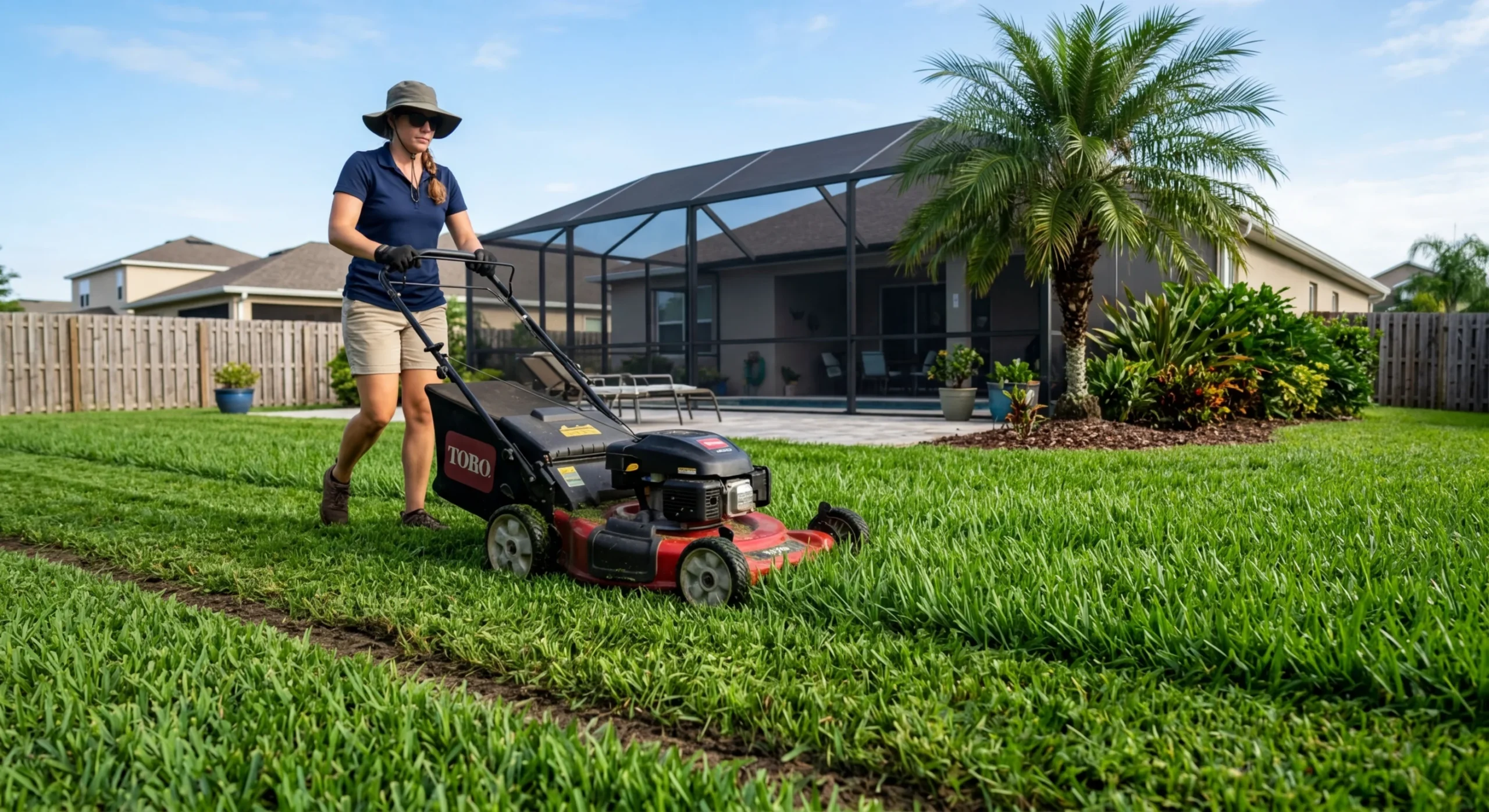 Lawn mower creating neat stripes across thick St. Augustine grass in a Central Florida backyard