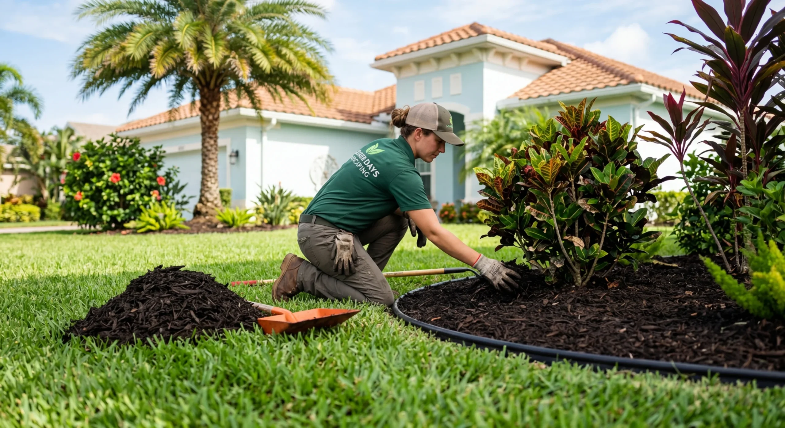 Lawn care professional spreading fresh eucalyptus mulch in a landscape bed at a Central Florida residential property