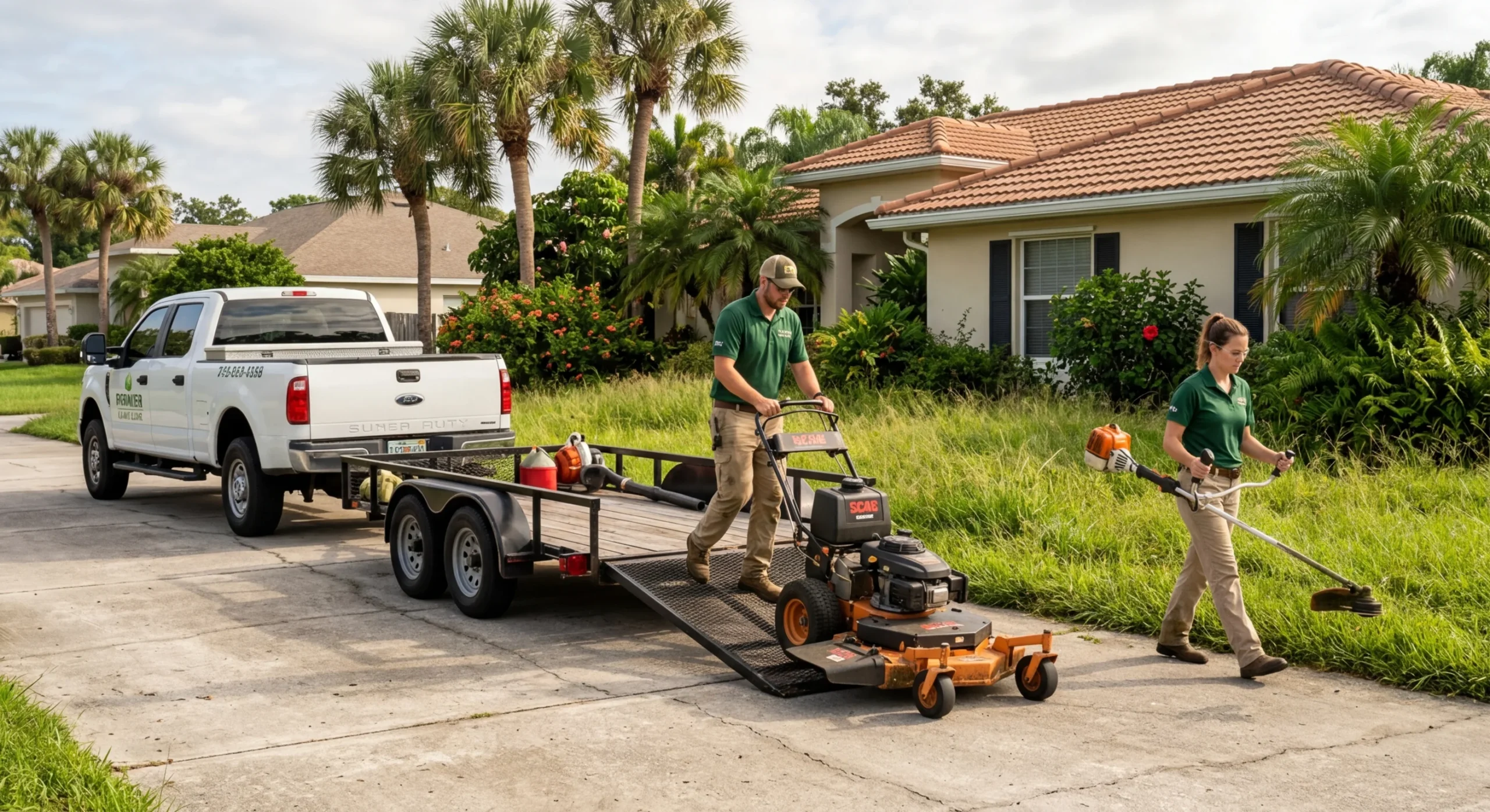 Professional lawn care crew unloading equipment at a Central Florida home for residential lawn maintenance service