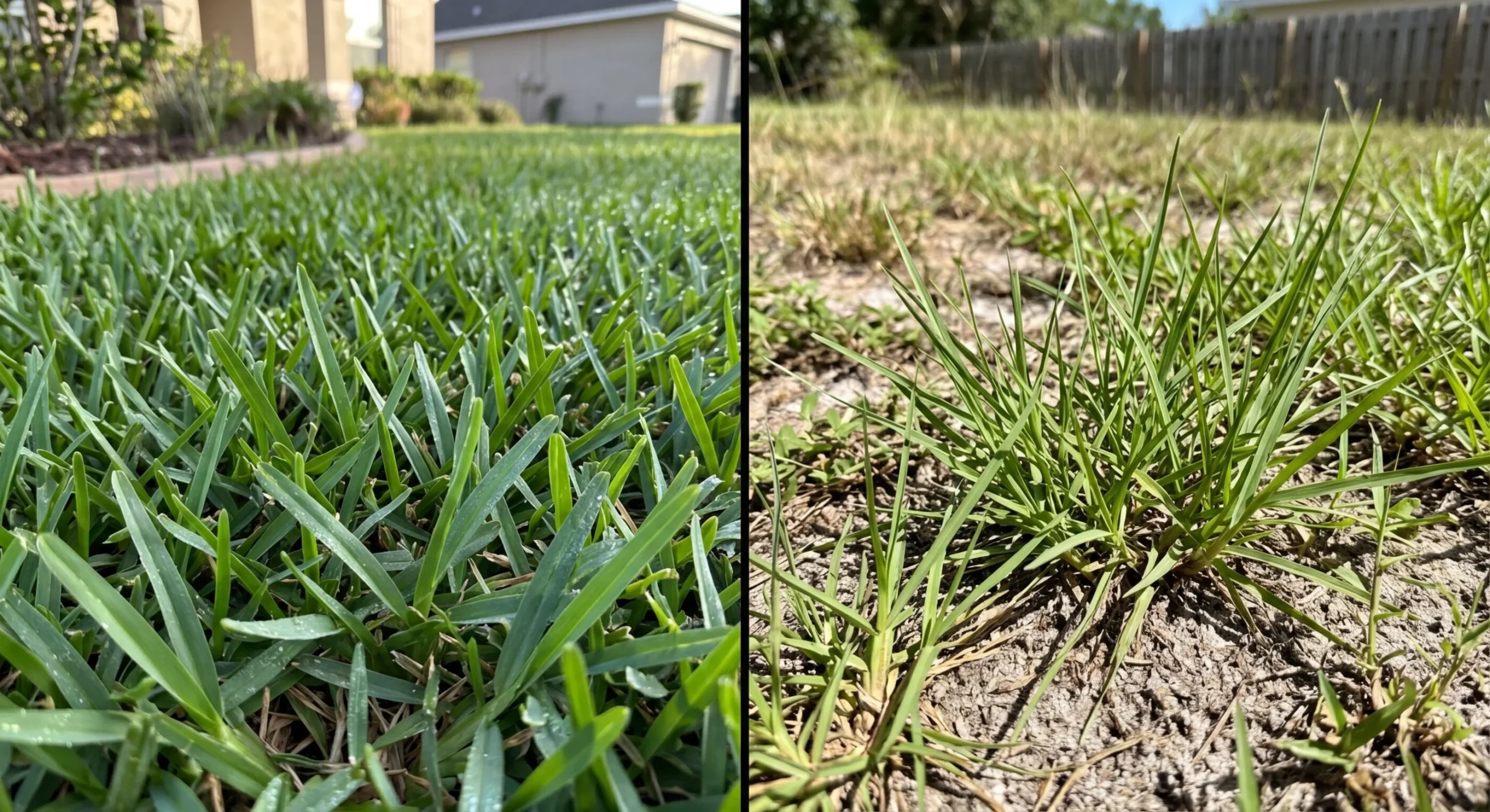 Close-up comparison of St. Augustine Floratam and Bahia grass blades growing in Central Florida yards