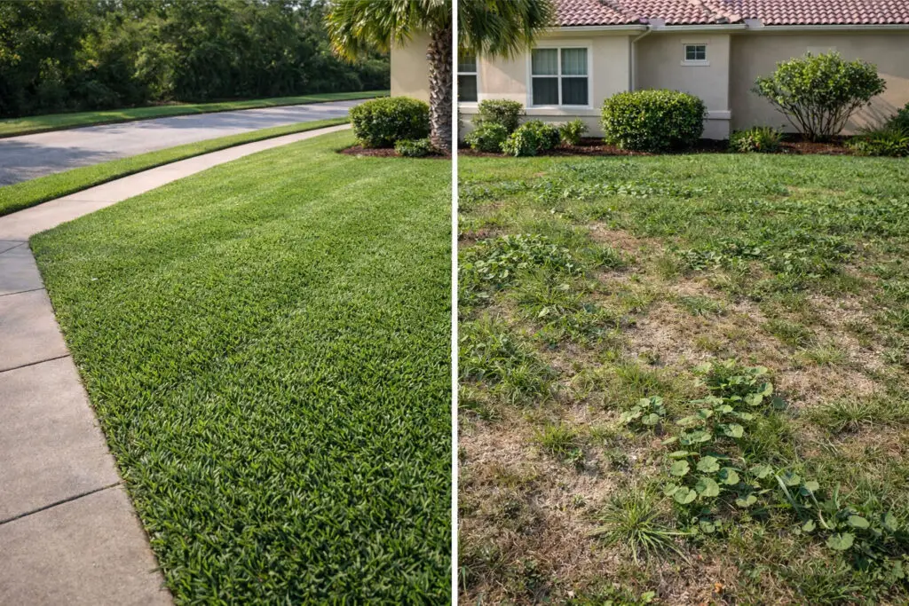 Comparison of weed free St. Augustine lawn vs lawn with dollar weed and crabgrass in Florida