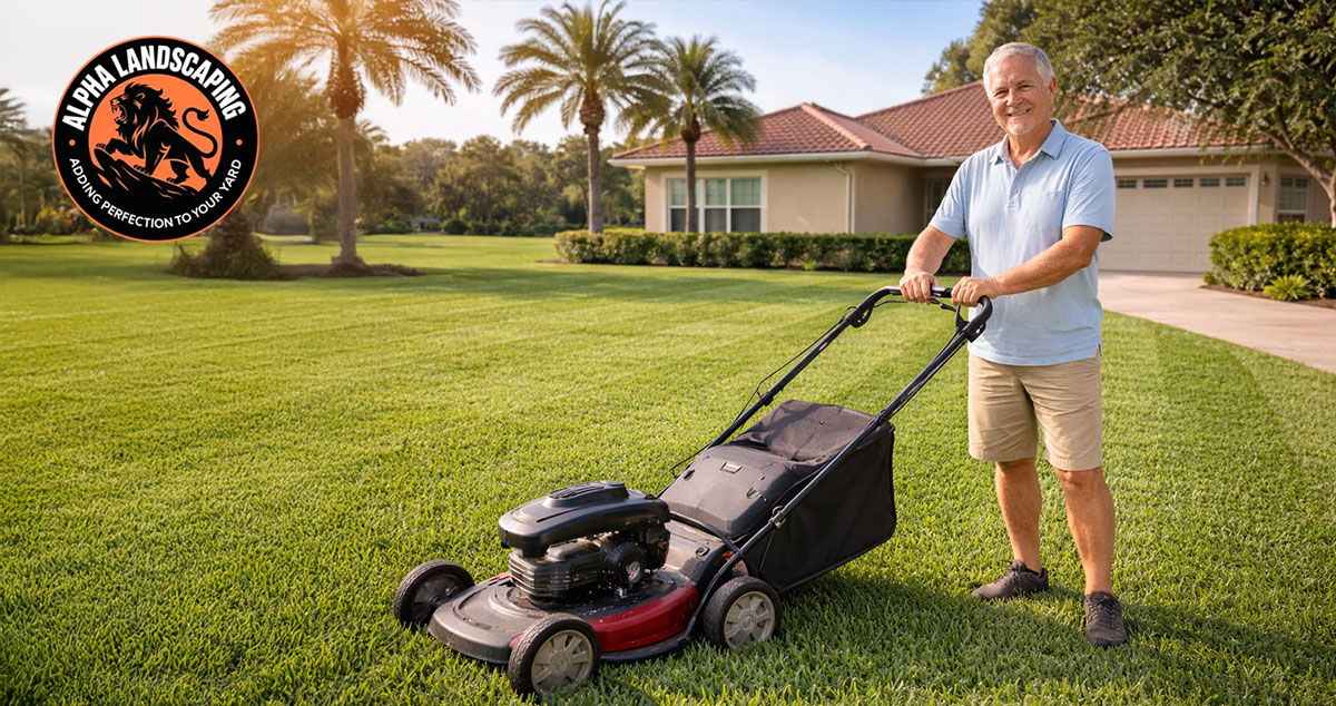 senior man standing with his push mower after mowing his Central Florida lawn on a bright morning