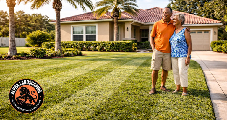 elderly couple standing proudly on their porch overlooking a well-maintained lawn at their Central Florida home