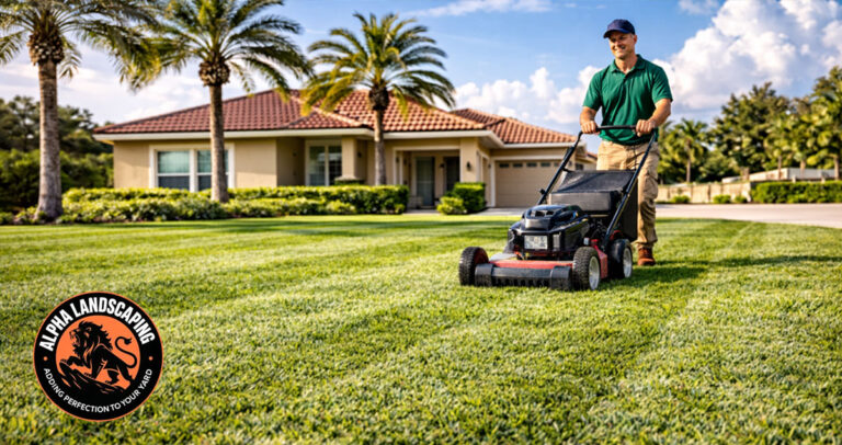 lawn care professional mowing a thick St. Augustine lawn in Central Florida on a bright summer morning