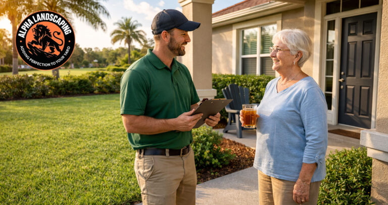 Lawn care professional talking with senior homeowner about affordable lawn care for seniors in Florida
