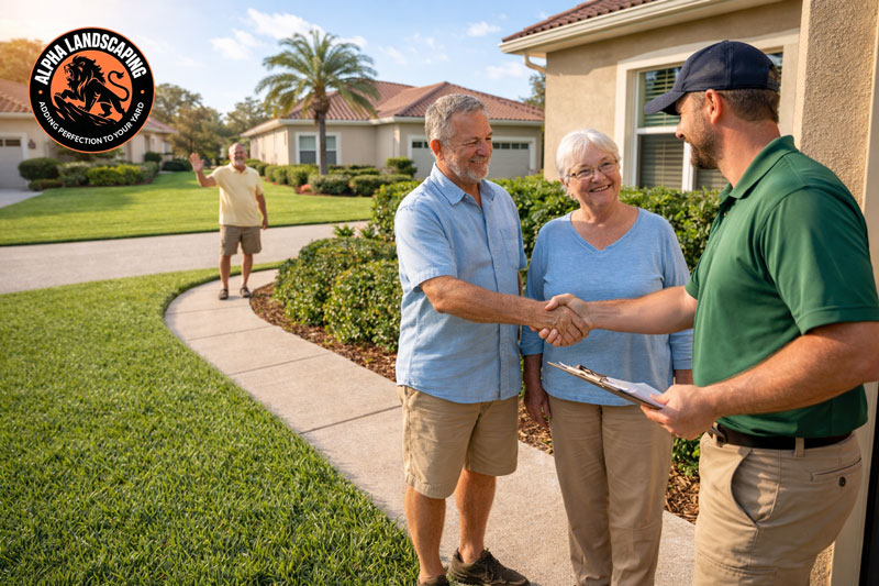 Senior couple greeting lawn care professional at their Central Florida home to save on service
