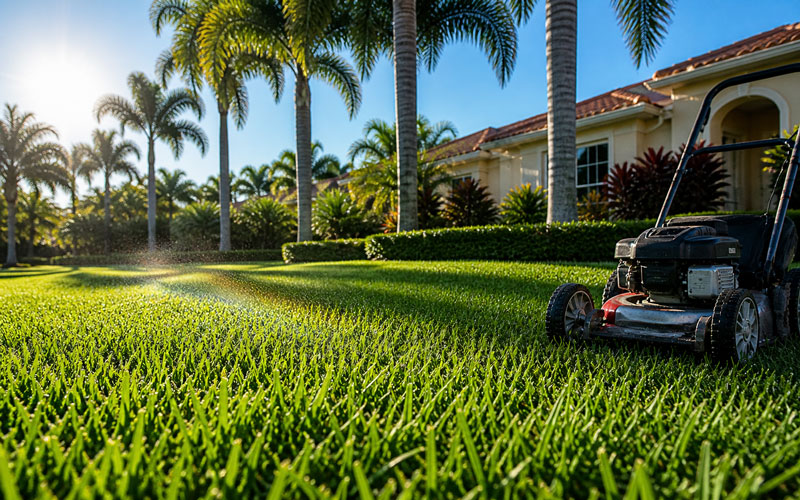 Dry St Augustine lawn at 9 AM showing the best time to mow grass in Central Florida after dew evaporates