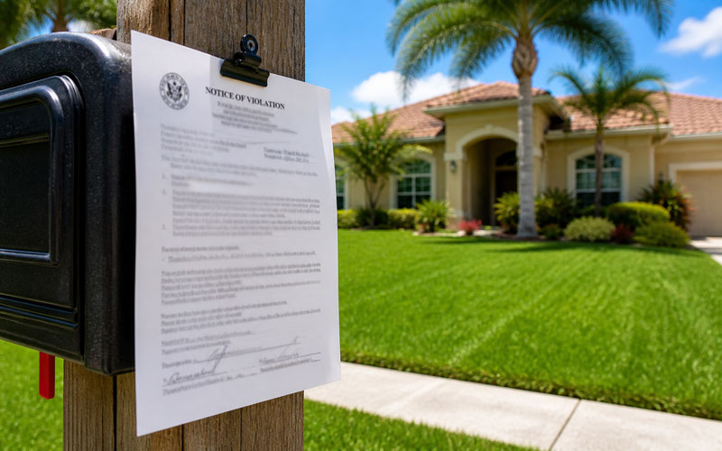 Code enforcement violation notice on a mailbox showing consequences of mowing too early in Polk County Florida