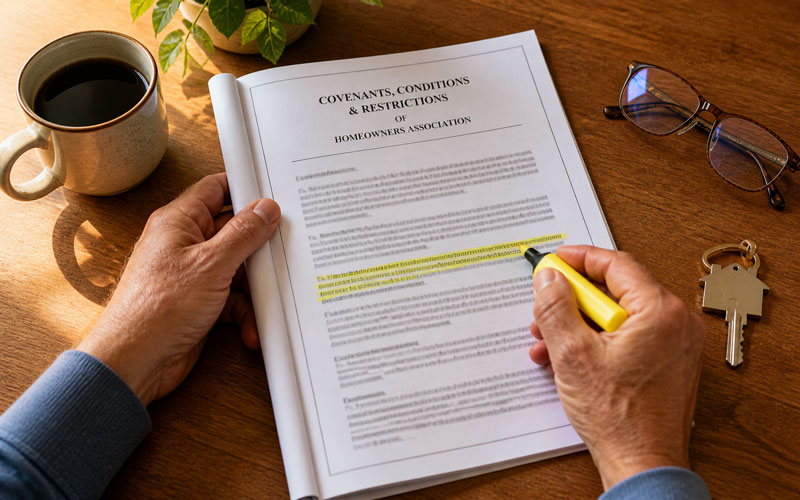Homeowner reviewing HOA covenants document highlighting lawn mowing hour restrictions in a Central Florida community