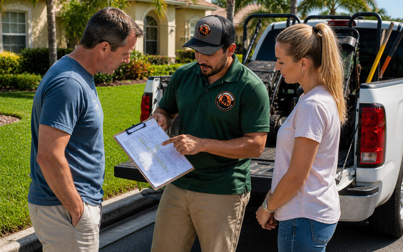 Lawn care professional reviewing weekly mowing schedule eith homeowners beside truck with commercial equipment in Central Florida neighborhood