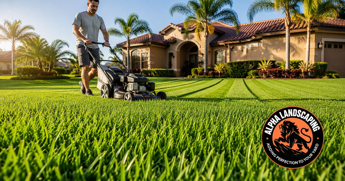 Alt Text: Homeowner mowing healthy St. Augustine grass at a 4-inch height on a sunny Central Florida lawn
