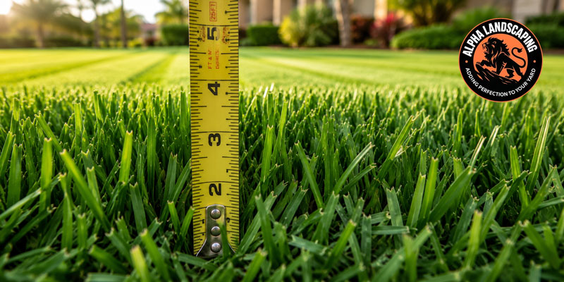 Tape measure showing correct St. Augustine grass mowing height of 4 inches in a Florida lawn