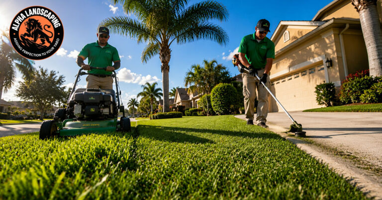 local crew providing lawn mowing services in my area on a St. Augustine lawn in Davenport FL